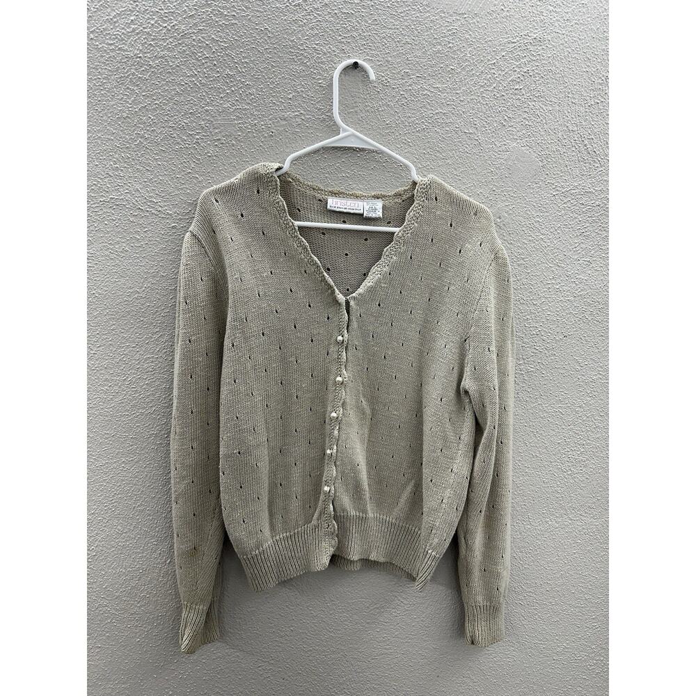 Kristen Womens Sweater Cardigan Size Large Tan Peal Button Up Long Sleeve Knit